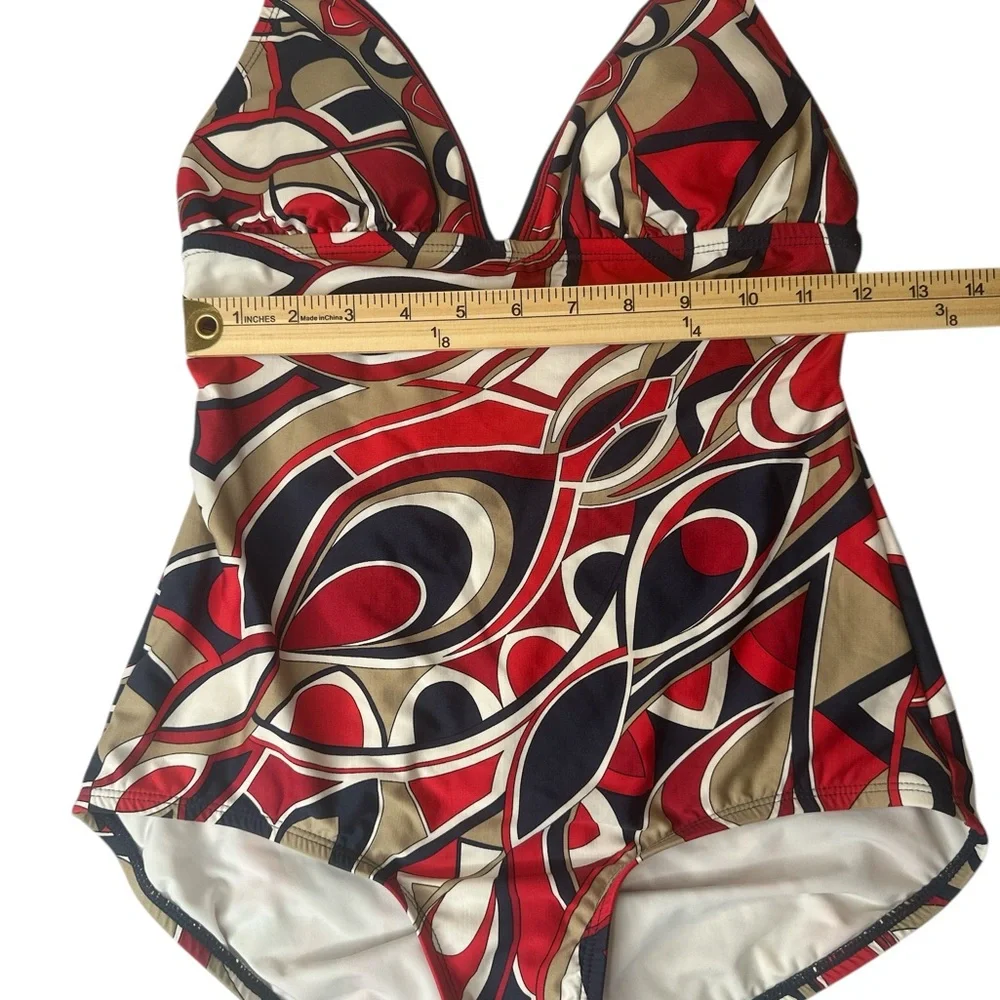 Michael Korhs Red, White & Blue Geometric Psychedelic One Piece Swimsuit Size 10